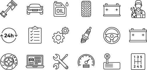 Professional thin line car repair icon set featuring engine piston oil battery tire mechanic tools and automotive service, © MstBabli