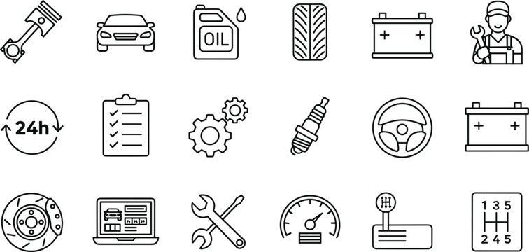 Professional thin line car repair icon set featuring engine piston oil battery tire mechanic tools and automotive service,