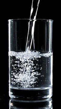 黒の背景に分離されたガラスのカップに注がれる新鮮な水の流れ、透明な液体の動きによる水分補給のコンセプト。