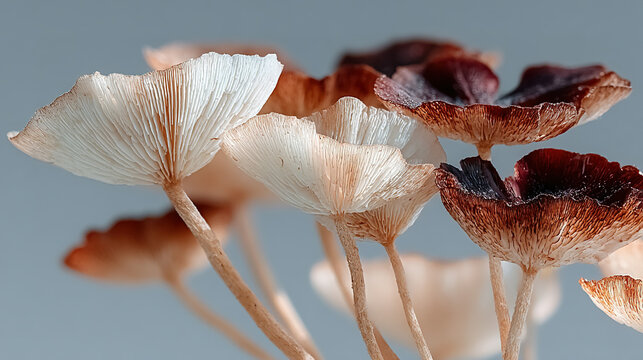 Cluster of various colored mushrooms with delicate gills and slender stems.