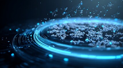 circular hologram interface displaying molecular data, pharmaceutical AI analysis, floating particles