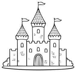 Obraz premium Black and white illustration of a fairytale castle with flags on top