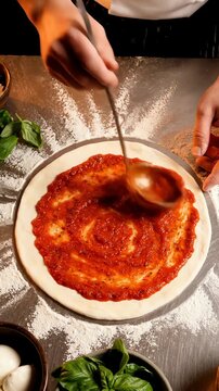 イタリア料理の調理コンセプトで、生のピザ生地に赤いトマトソースをおたまを使って塗るシェフの平面図。