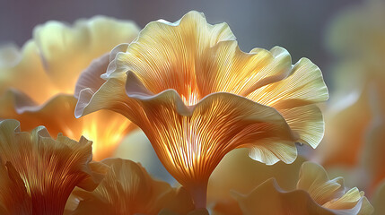close-up of glowing, ruffled gills of orange and cream mushrooms.