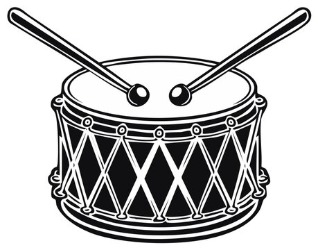 Classic snare drum with crossed drumsticks in a black and white line art vector style