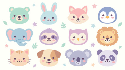 Collection of cute cartoon animal faces with various expressions.