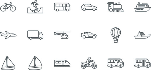 Modern thin line transportation icon set featuring airplane bicycle truck boat train helicopter car and various travel vehicle symbols, © MstBabli