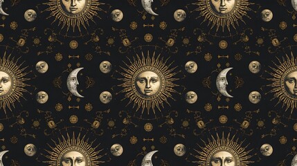 Vintage celestial sun and moon pattern with mystical zodiac symbols, cosmic astrology illustration in dark gold tones for spiritual and decorative design