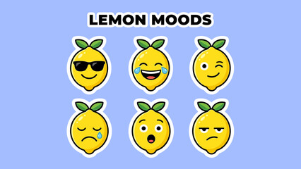 Six cartoon lemons with different facial expressions representing various emotions and moods.