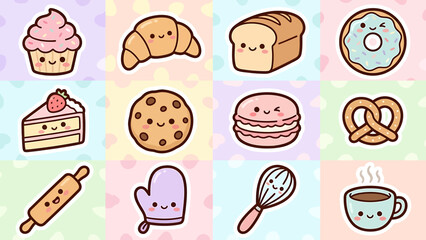 Assorted Cartoon Bakery Items with Smiling Faces on Pastel Background.