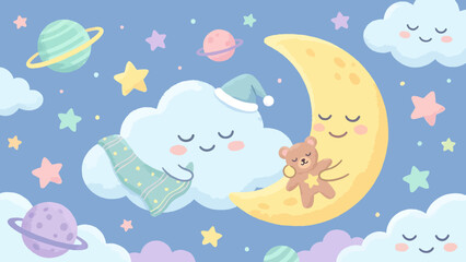 Whimsical cartoon illustration of a sleeping child on a cloud with a teddy bear on the moon.