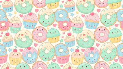 Obraz premium Colorful cartoon donuts pattern with pastel colors and cute faces.