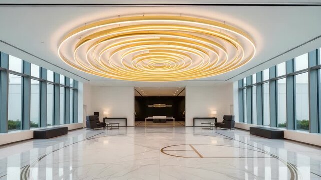 Modern Luxury Lobby with Swirling Chandelier and Marble Floor