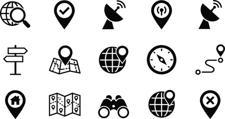 Navigation and GPS location solid icons set featuring map pins binoculars compass satellite dish globe and route tracking, © MstBabli