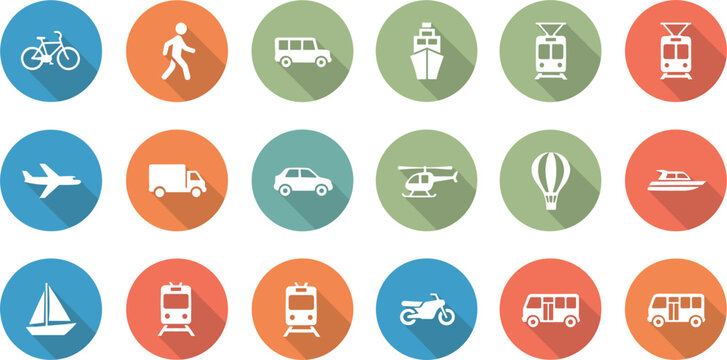 Flat transportation icons set with long shadows featuring bicycle airplane boat train helicopter bus and various vehicle symbols,