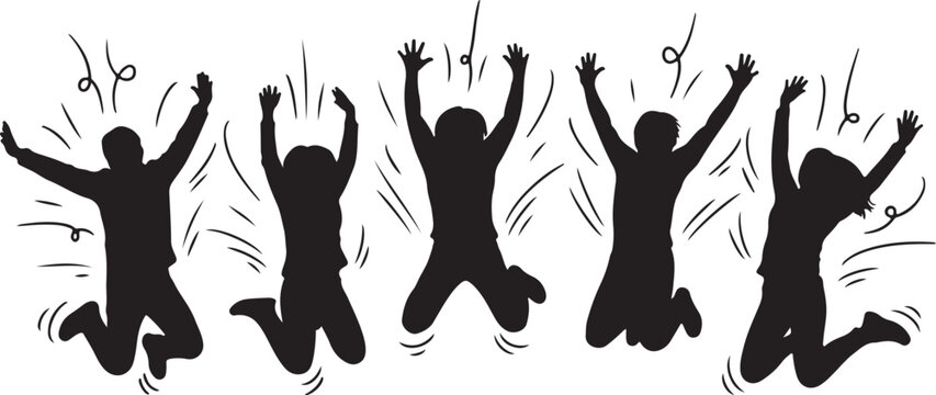 Silhouettes of people jumping in celebration and excitement