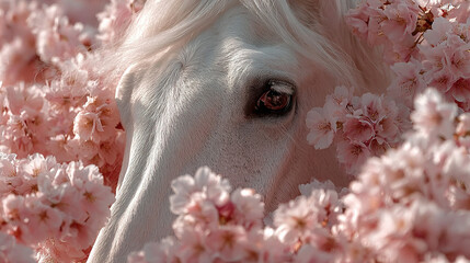 White horse surrounded by pink cherry blossoms in a serene setting.