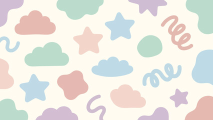 Fototapeta premium Pastel colored clouds, stars, and squiggles on a cream background, whimsical pattern.