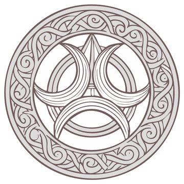 Mystical Celtic inspired circular emblem featuring ornate knot patterns and triple crescent moon symbol