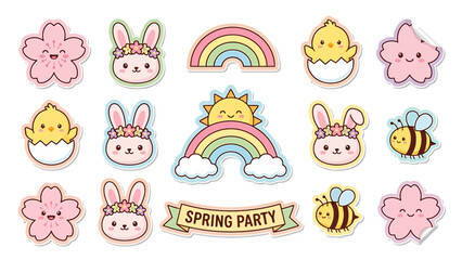 Colorful spring themed cartoon stickers with flowers, animals, and rainbows.