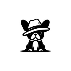 Cute black and white dog mascot wearing stylish hat, minimal flat vector illustration, charming animal character