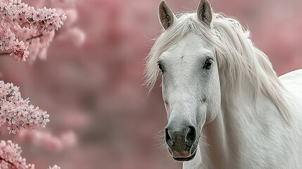 White horse with pink blossoms in the background.