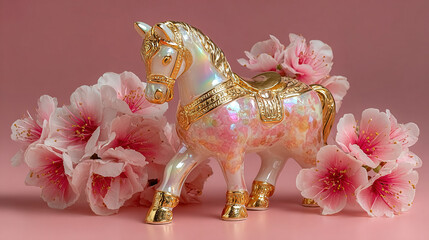 Ornate decorative horse figurine surrounded by pink flowers on a pink background.