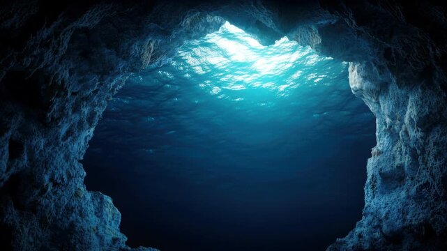 Underwater Cave with Light Rays Emerging from Above, Illuminating the Deep Blue Sea with A Mystical Atmosphere
