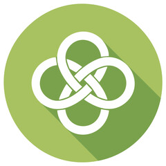 White Celtic knot emblem with long shadow on green circle background