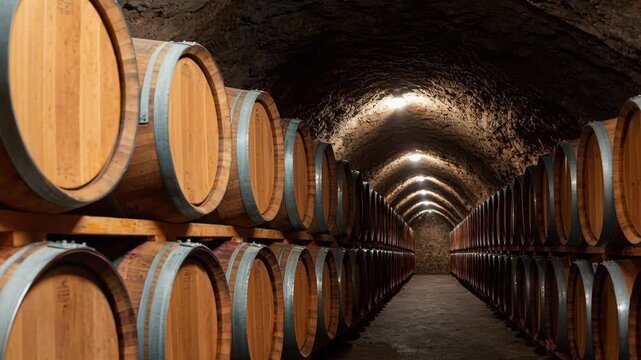 Rows of Wooden Barrels in an Underground Wine Cellar with Soft Lighting and Rustic Stone Walls