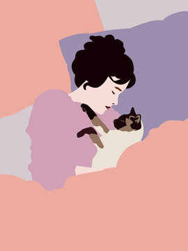 Woman sleeping with a cat.