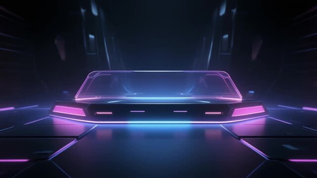 Futuristic cybernetic display platform in a dark, glowing neon-lit digital command center, representing advanced technology and virtual reality interfaces