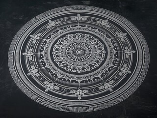 Naklejka premium Intricate monochrome mandala ornament on dark textured background symbolizing spiritual harmony, meditation balance and elegant sacred geometric art design 