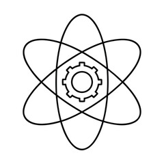 Black line art icon combining atomic structure orbits with a central mechanical gear for science and engineering concepts