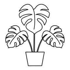 Simple black line art drawing of a potted monstera deliciosa plant isolated on white background