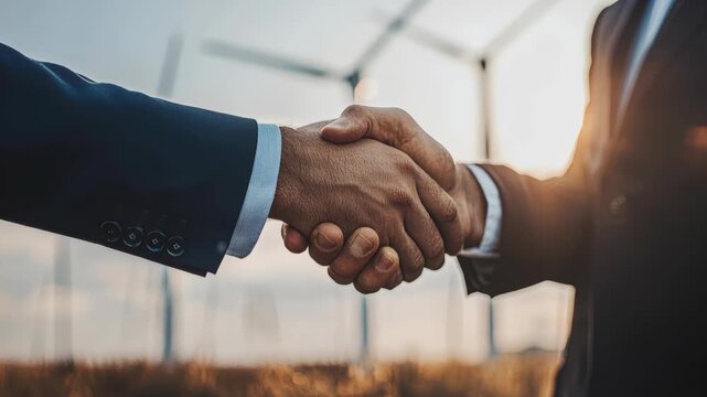 Business professionals shaking hands in front of wind turbines during sunset to symbolize partnership in renewable energy sector