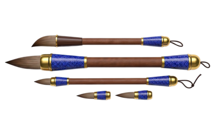 Set of Five Oriental Art Brushes with Decorative Handles