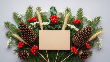Festive holiday arrangement with pine branches berries and pinecones ready for a message