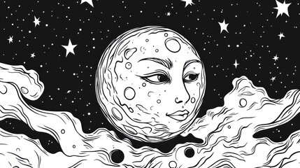 Stylized illustration of smiling moon face against starry background
