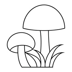 Simple black and white outline drawing of two mushrooms growing in grass perfect for coloring pages
