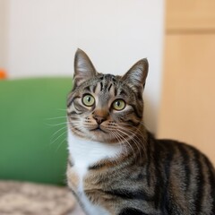 Obraz premium Alert tabby cat portrait with green eyes on blurred indoor background beautiful domestic shorthair feline looking curious