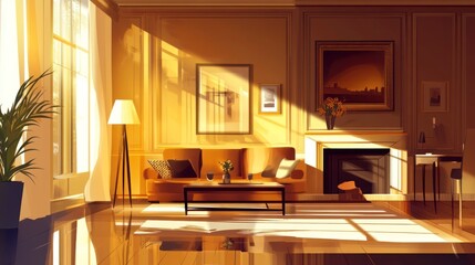 Sunlit interior illustration living room with furniture and decorative elements