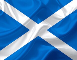 A close-up view of the Scottish flag, its white cross set against a vibrant blue backdrop. The cloth ripples gently