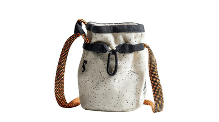 Rock climbing chalk bag with drawstring closure and speckled fabric, essential accessory for bouldering and mountaineering