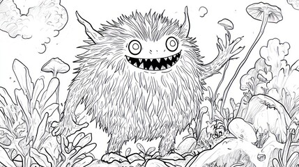 Whimsical monster illustration in nature environment for coloring page