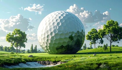 A colossal golf ball dominates a serene golf course. Lush green fairways, scattered trees, and a blue sky create a perfect sunny day
