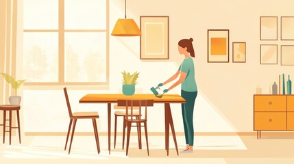 Woman at dining table arranging objects in interior illustration