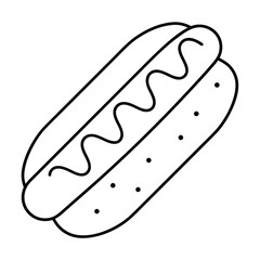 Simple black and white outline icon representing a delicious hot dog with mustard topping for fast food menus