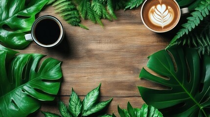 Coffee & plants on a wooden table