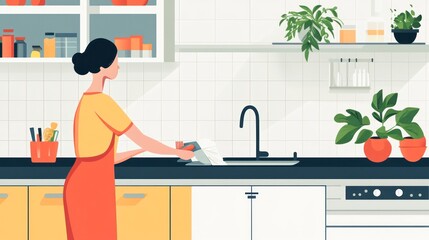 Woman in kitchen cleaning dishes with sink and plants illustration